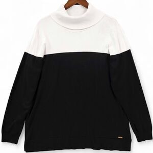 Calvin Klein Sweater Womens XL Black White Turtleneck Colorblock Pullover Knit